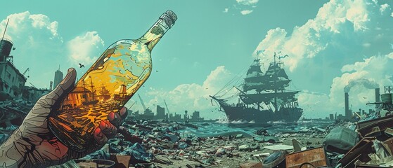A detailed illustration of a hand holding a bottle, with a ship sailing in the liquid inside, set against a backdrop of urban waste