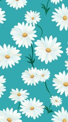 Teal and white daisy pattern, hand draw, simple line, flower floral spring summer background design with copy space for text or photo backdrop