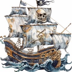 A watercolor clipart of a pirate skeleton steering a ghost ship through stormy seas with tattered sails and a treasure chest nearby