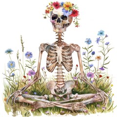 A watercolor clipart of a friendly skeleton wearing a floral crown sitting cross-legged in a meadow of wildflowers