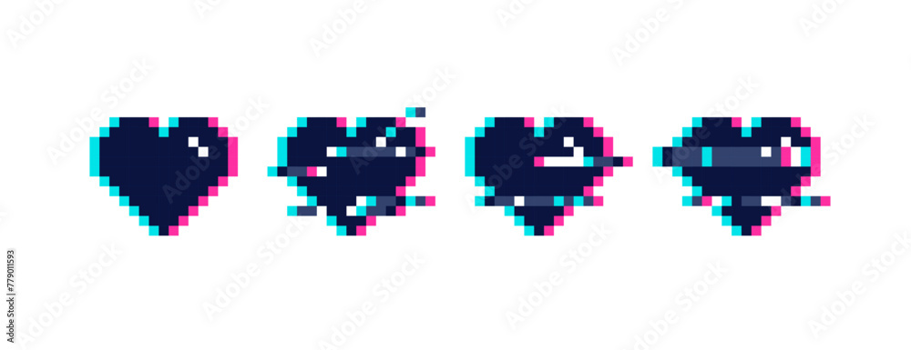 Poster vector pixel hearts with glitch animation in retro 8-bit game style. pixel heart with vhs style glit