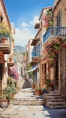 A steep street in a small town with colorful houses and flowers