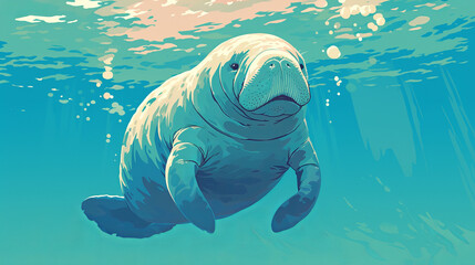 A manatee is swimming in the ocean