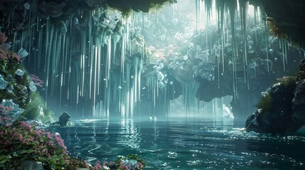 A fantasy render of a realm where shirts grow on seaweed plants, harvested by ice creatures
