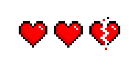 Vector pixel hearts with broken animation in retro 8-bit game style. Red pixel heart scale wasting lives in vintage video game. Brokern pixel heart
