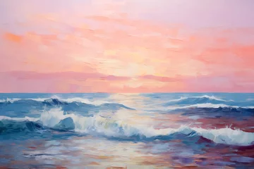 Foto op Canvas Seascape in pink tones. Oil painting in impressionism style. Horizontal composition. © Osadchyi_I