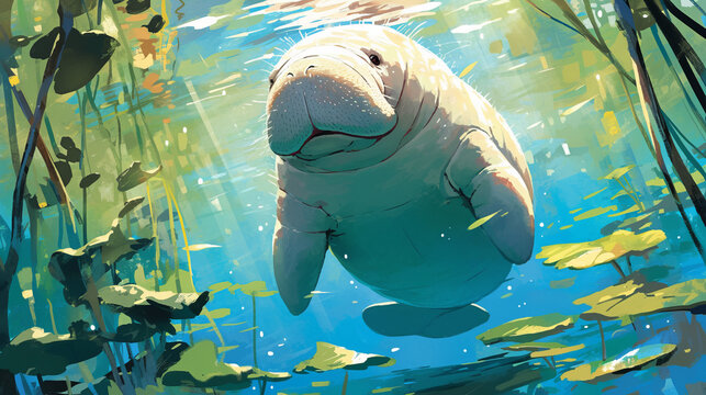 A baby manatee is swimming in a pond