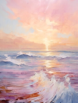 Seascape in pink tones. Oil painting in impressionism style. Vertical composition.