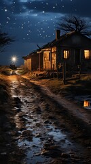 A rural road at night with a house in the distance