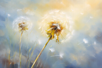 Spring dandelions. Oil painting in impressionism style. Horizontal composition.
