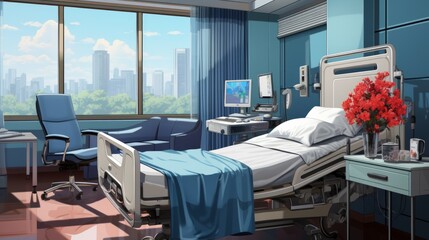 A hospital room with a bed, a chair, and a computer.