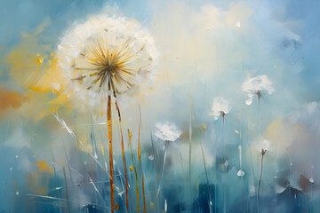 Spring dandelions. Oil painting in impressionism style. Horizontal composition. - obrazy, fototapety, plakaty