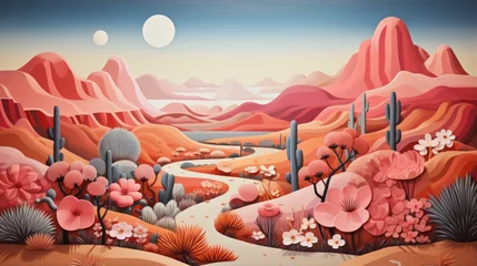 Foto op Aluminium Pink Desert Landscape with Mountains and Flowers © Adobe Contributor
