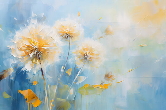Spring dandelions. Oil painting in impressionism style. Horizontal composition.
