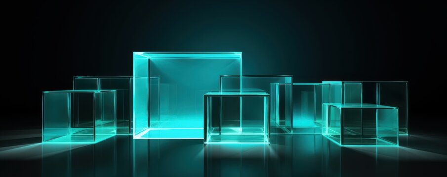 Teal glass cube abstract 3d render, on black background with copy space minimalism design for text or photo backdrop 
