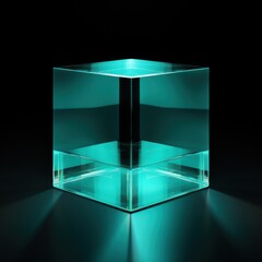 Teal glass cube abstract 3d render, on black background with copy space minimalism design for text or photo backdrop 