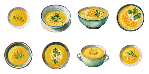 Vector illustration of multiple corn soups in watercolor style