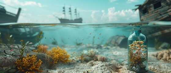 A serene 3D model of a bottle repurposed as a home for aquatic life, with a shipwreck in the background serving as an artificial reef