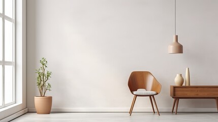 A wooden chair and a plant in a pot in a room with a large empty wall