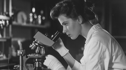 Retro photo of a girl scientist looking into a microscope