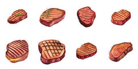 Vector illustration of multiple grilled beefsteaks in watercolor style - obrazy, fototapety, plakaty