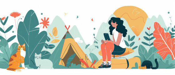 Fototapeta na wymiar illustration design Camping with cat.