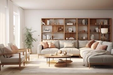 Airy Scandinavian living room with large windows and a stylish bookshelf