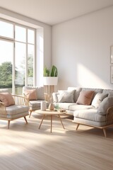 Modern interior of living room with sofa, chair, coffee table and decorations