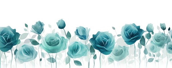 Teal roses watercolor clipart on white background, defined edges floral flower pattern background with copy space for design text or photo backdrop minimalistic  - obrazy, fototapety, plakaty