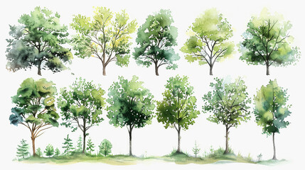 Assorted green trees in watercolor, isolated on white, for detailed landscape and architectural drawings
