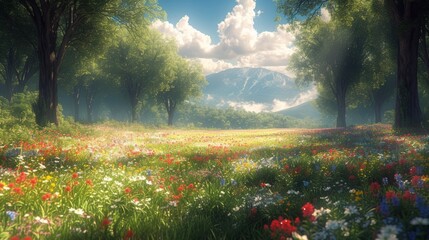 A beautiful summer landscape with a meadow full of flowers and a mountain in the distance