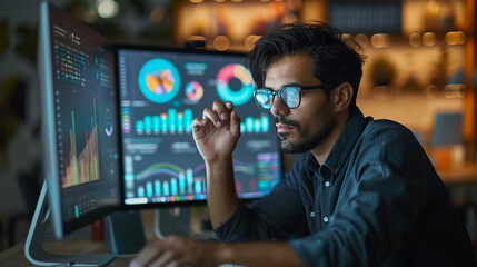 Software developer analyzing data for smart web application, in a modern office setting