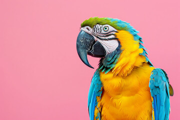 The beauty of a yellow and blue macaw captured against a simple, elegant pink background