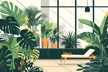 Illustration of lounge area near the pool with indoor plants. Minimalistic background with monsteras, palms, sun lounger. Urban jungle, relaxation, summer, rest, weekends, space greening, living room. - 779013569