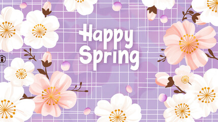 "Happy Spring" Greeting with Cherry Blossoms Over Purple Checkered Background