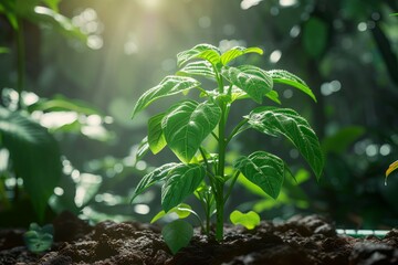 A green plant growing in the soil with a blurred background of leaves. - obrazy, fototapety, plakaty