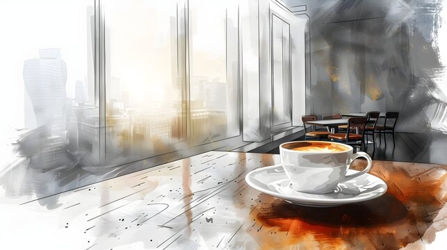 Elegant espresso in a high rise office setting where luxury and ambition blend seamlessly with the city skyline as a captivating backdrop