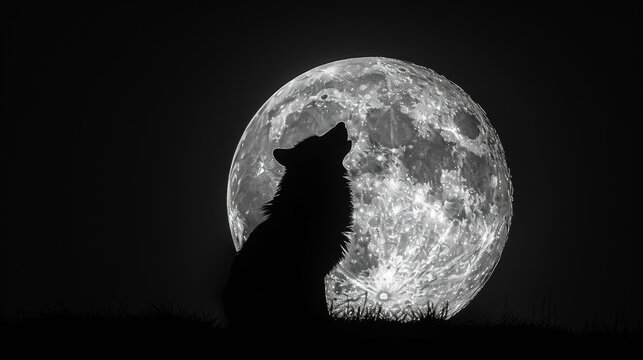 Eerie wolf howling under moonlight, stark contrast and enigmatic feel in monochrome scene