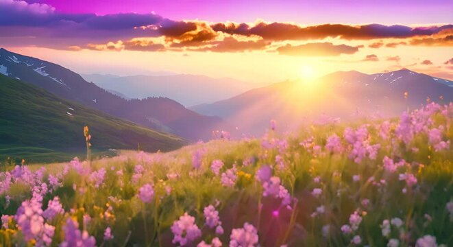 Beautiful alpine meadow with flowers in mountains at sunset, Mountain valley during sundown. Beautiful naural landscape in the summer time