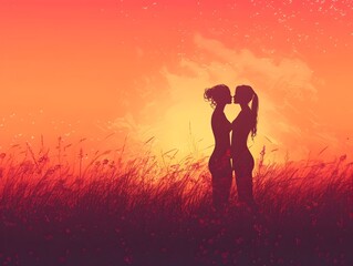 Naklejka na ściany i meble Two Women Embracing in a Serene Sunset Field a Tender of Love and Intimacy