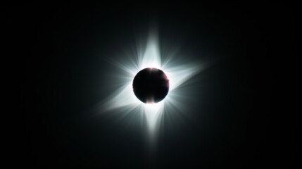 A black and white image of a solar eclipse, where the completely darkened Sun is surrounded by a bright corona, radiating into the dark space.
