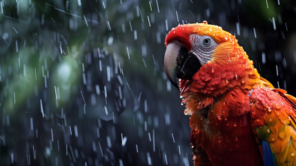 Portrait of a red beautiful parrot in the rain - obrazy, fototapety, plakaty