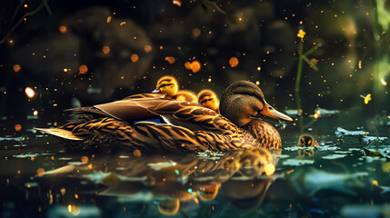 Duck with ducklings on the lake in the night. Collage.