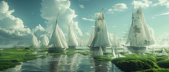 A surreal scene where giant shirts serve as sails for boats navigating through icy waters, with seaweed as the sea