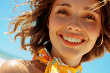 Beautiful young woman in bright summer clothes in sunny weather. Closeup portrait of a happy girl