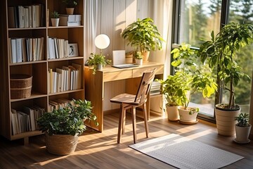 A wooden desk and chair in a home office surrounded by plants and bookshelves