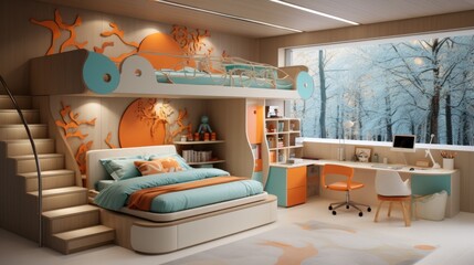A bedroom with a bunk bed, a desk, and a large window - obrazy, fototapety, plakaty