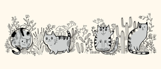 Collection of cats  on branch floral outline style hand drawn vector illustration set. Icon and character pet animal.