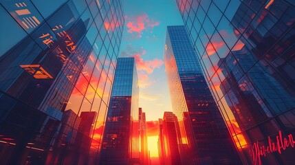 Glimmering Skyscrapers Ablaze with Sunset s Radiance A Vision of Urban Prosperity and Opportunity - obrazy, fototapety, plakaty