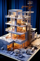 A model of a modern apartment building under construction